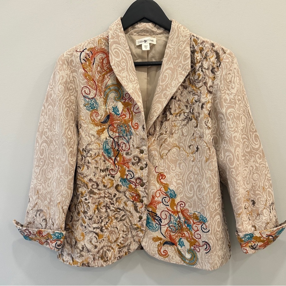 Coldwater Creek Linen Blend Beige Embroidered Blazer